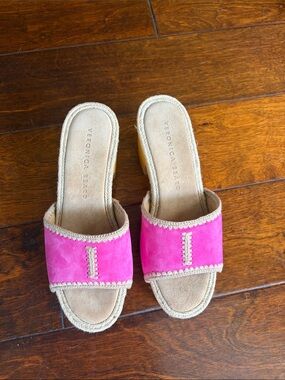 Veronica Beard Hot Pink Suede Slide Sandals with Natural Trim